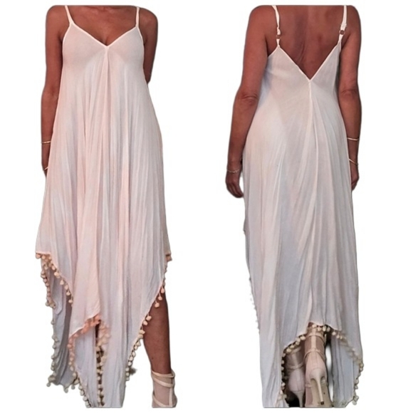 GORGEOUS Pastel Ombre Pink Linen Long Scarf Dress Maxi Retro Puff Ball Trim - Picture 4 of 5